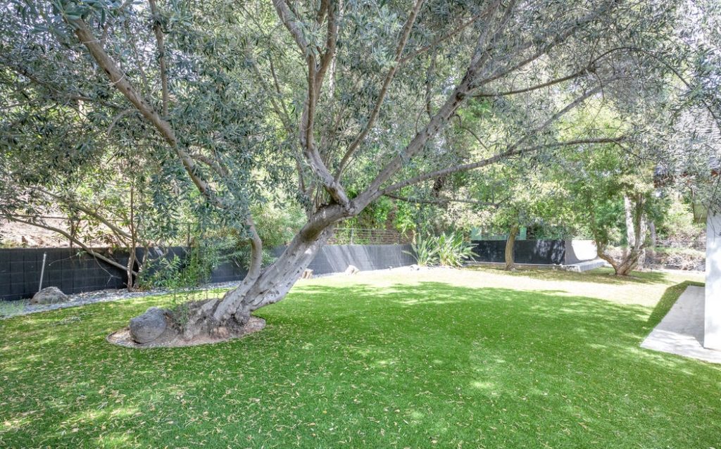 Amazing yard encompasses huge lush grass area.