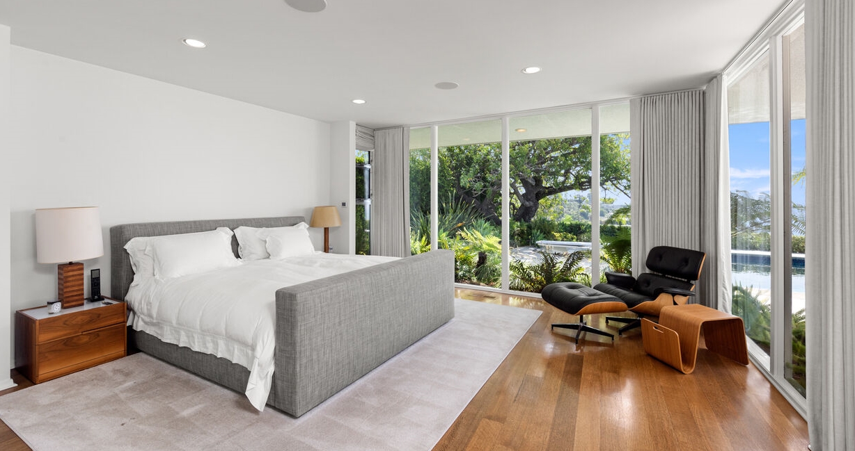 Beverly Hills Architectural Masterpiece primary bedroom with even more views.