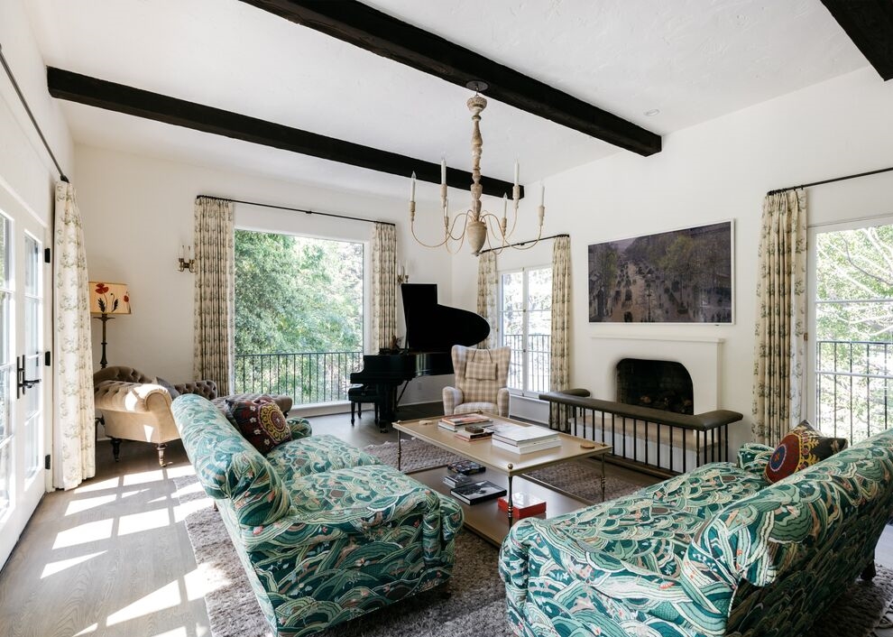 Los Feliz Private and Gated Spanish Colonial Estate classic beamed ceilings in grand living room