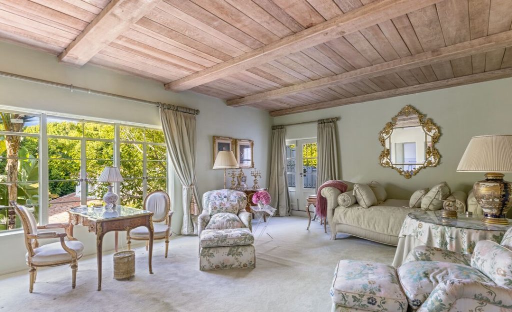 Bel Air Luxury Spanish Amazing wood beam ceiling and walls of glass in amazing bedroom suite