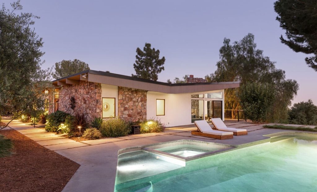 Fabulous geometric shaped pool in this Altadena Architectural Exceptional Post and Beam Modern Home. 