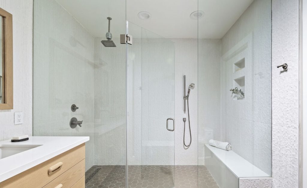 Wonderful bathroom white walls glass enclosed shower
