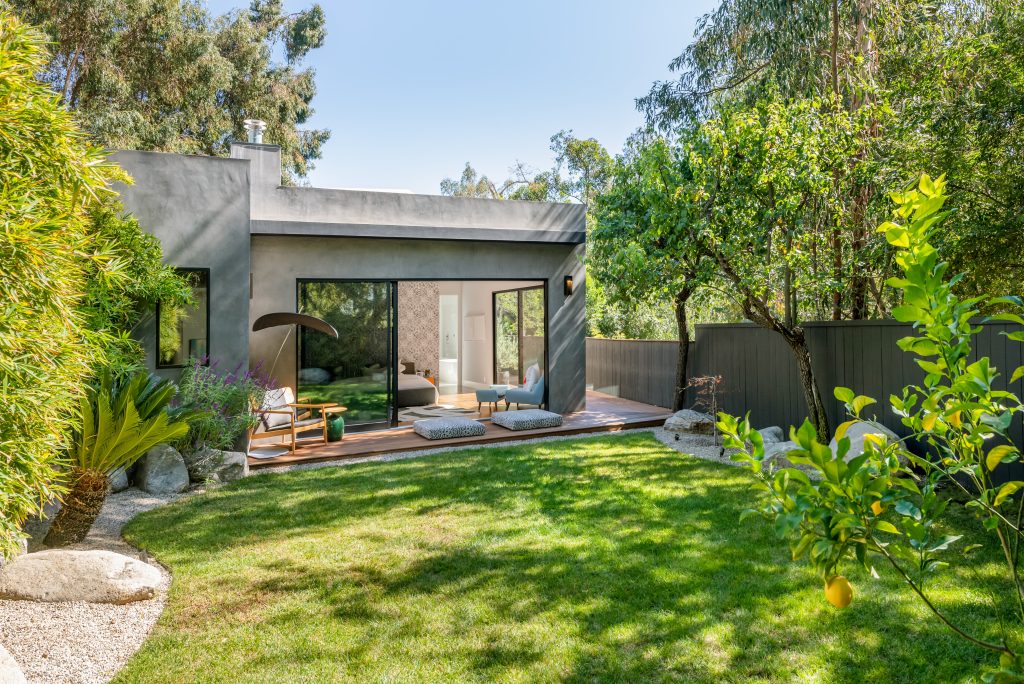 Private sun deck off the primary suite in this Hollywood Hills Exceptional Gated and Secluded Modern Home