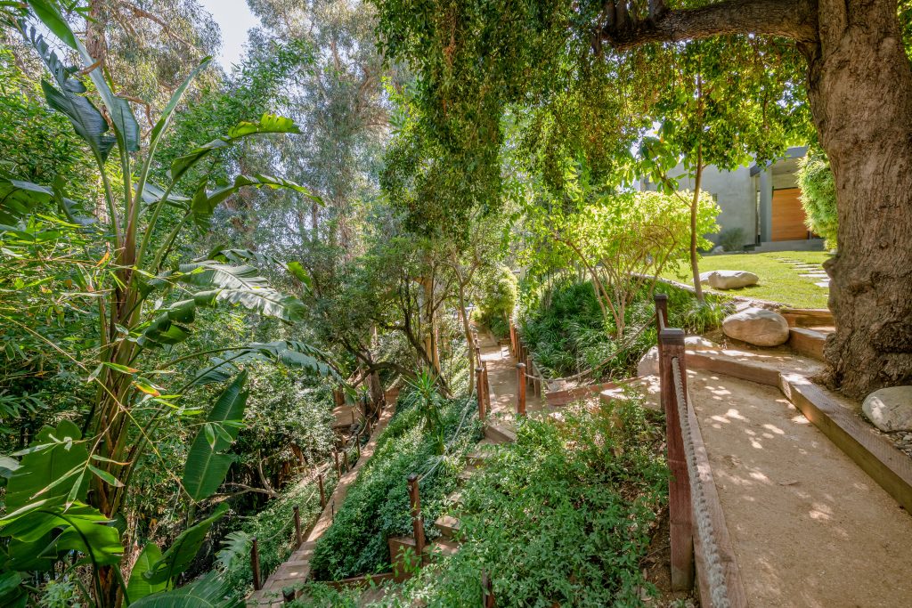 Hollywood Hills Exceptional Meandering pathways thru mature vegetation evoke the feeling of wandering peacefully thru the forest.
