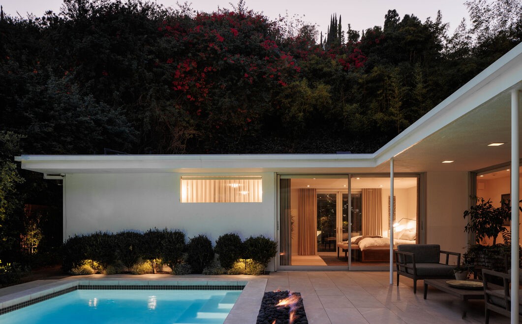 Sparkling pool yard in this Hollywood Hills the Bird Streets Mid Century home