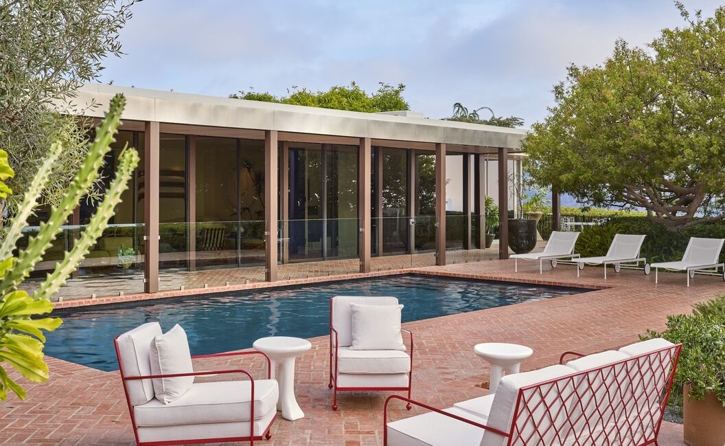 Sparkling pool yard in this BHPO Frank Weber Marmol Radziner re-imagined Mid Century home.