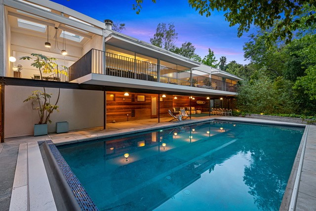 Sparkling pool yard in this remarkable Hollywood Hills Dike Nagano Mid-Century Modern Home